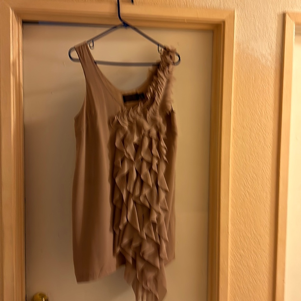 H&M tan mini dress with ruffles down the side sshort sleeves